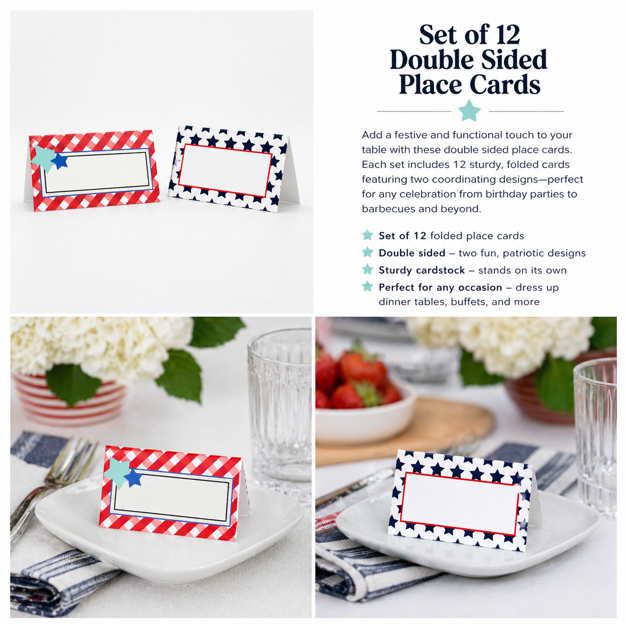 Patriotic Stars Blue and Red Double Sided Place Cards