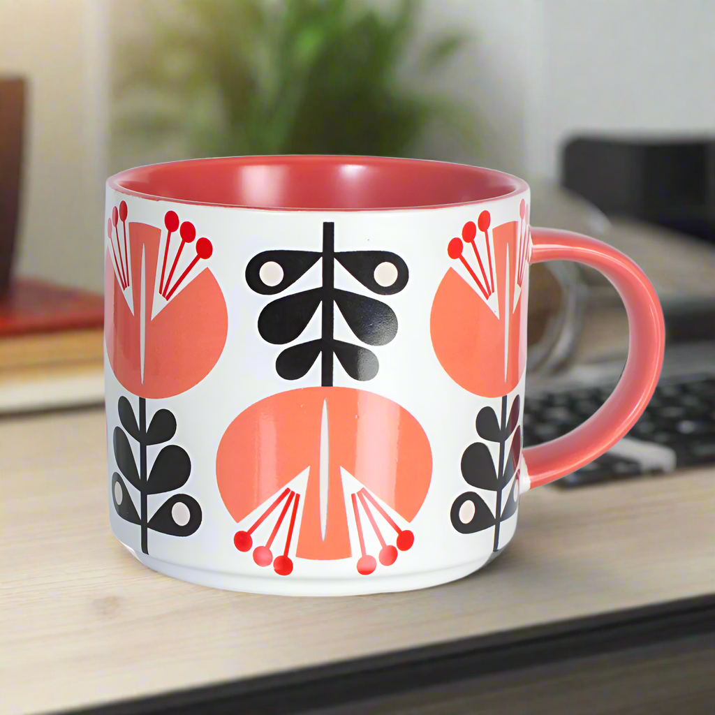 Coral Pink Lily Flower Mid Century Modern Stackable Matte Coffee Tea Mug