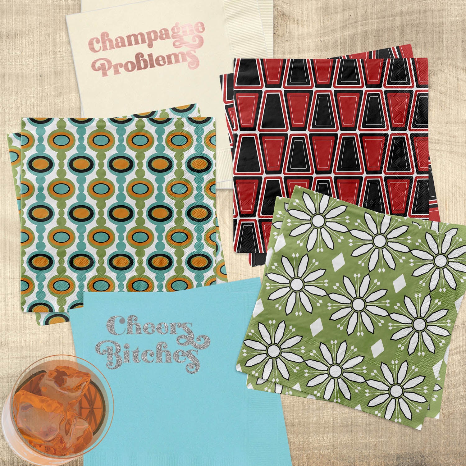 Red and Black Retro Blocks Cocktail Beverage Napkin