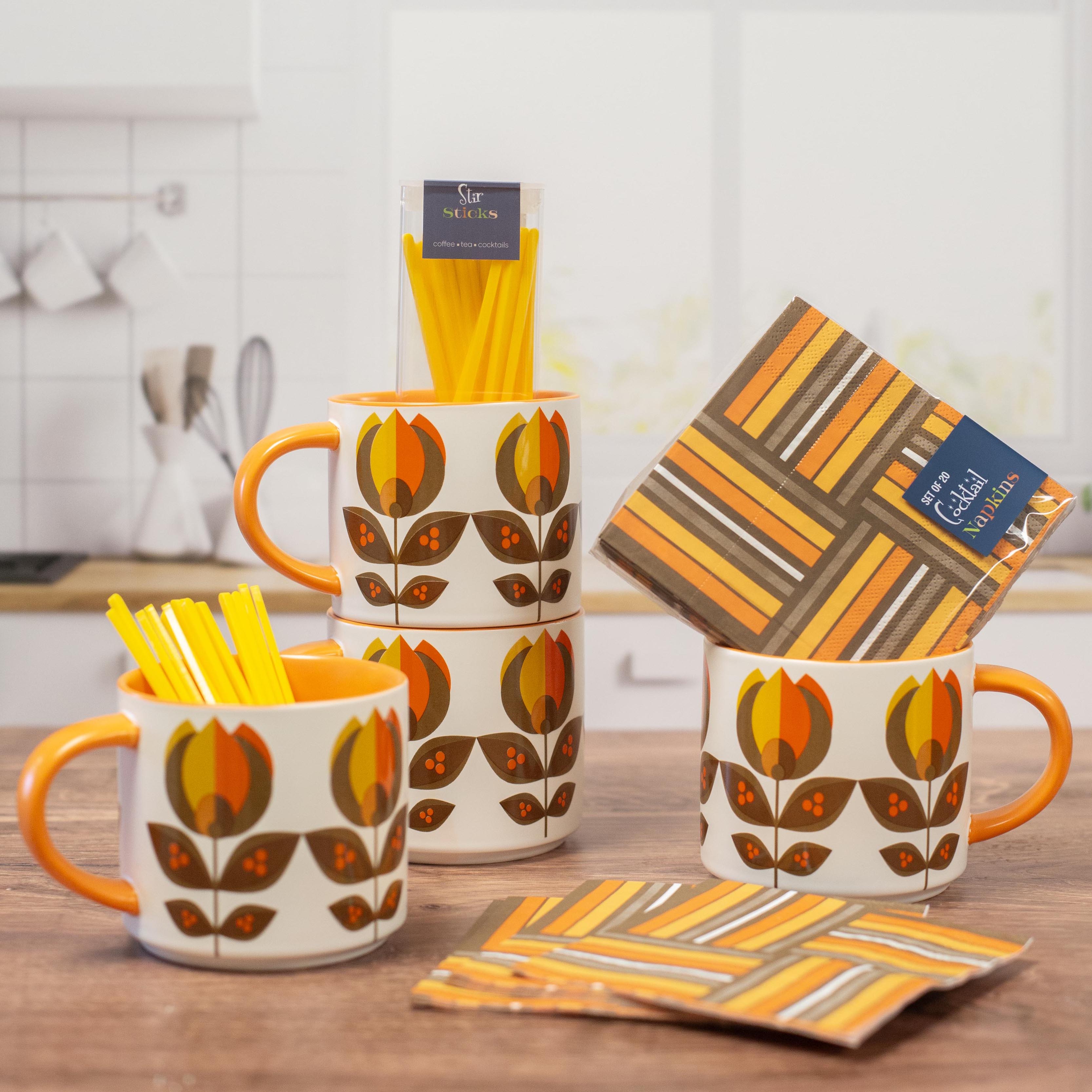 Orange Tulip Flower Mid Century Modern Stackable Matte Coffee Mug
