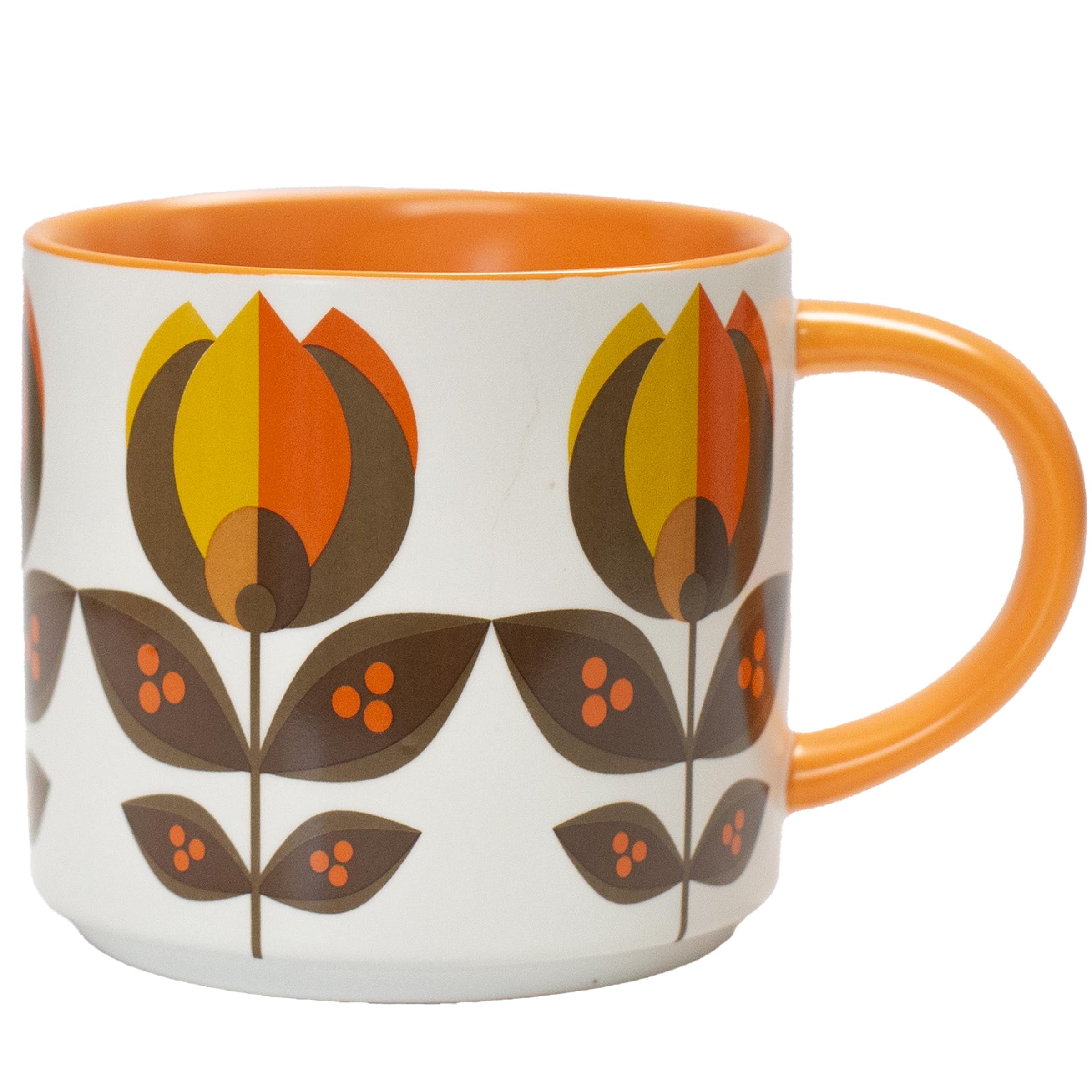 A white ceramic coffee mug with a retro mid-century modern floral pattern in orange, yellow, and brown, featuring a solid orange handle and interior.