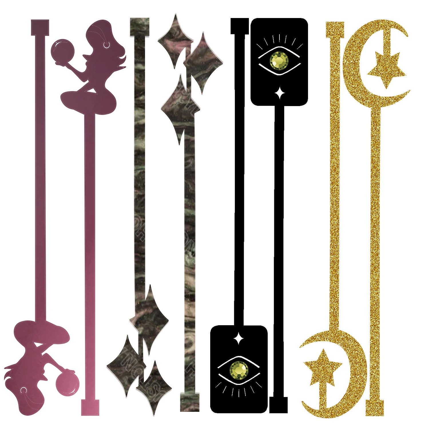 Set of decorative acrylic beverage mixing swizzle sticks with various spiritual designs. vintage barware.