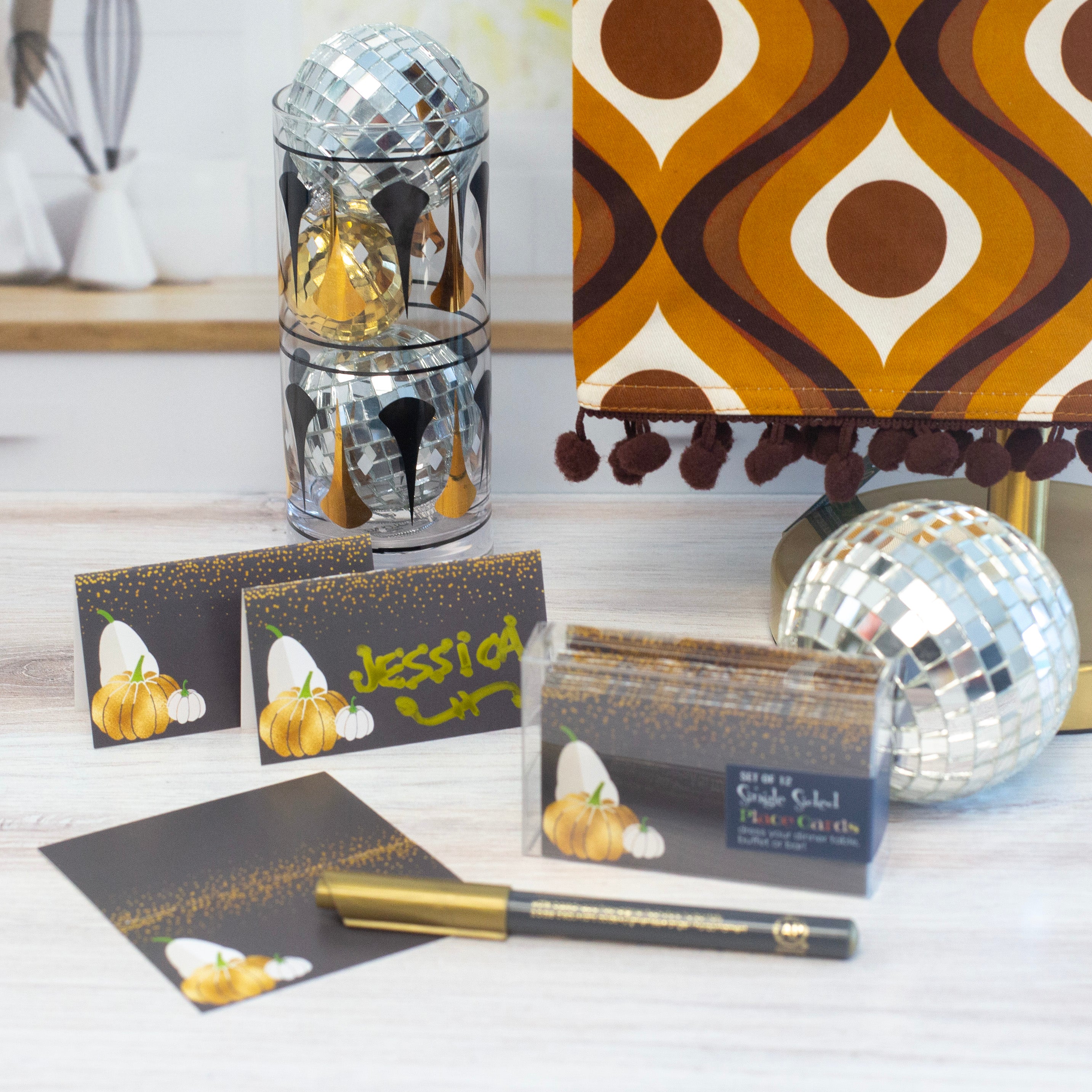 Gold Glam Pumpkin and Pear Glitter Thanksgiving Folded Place Cards