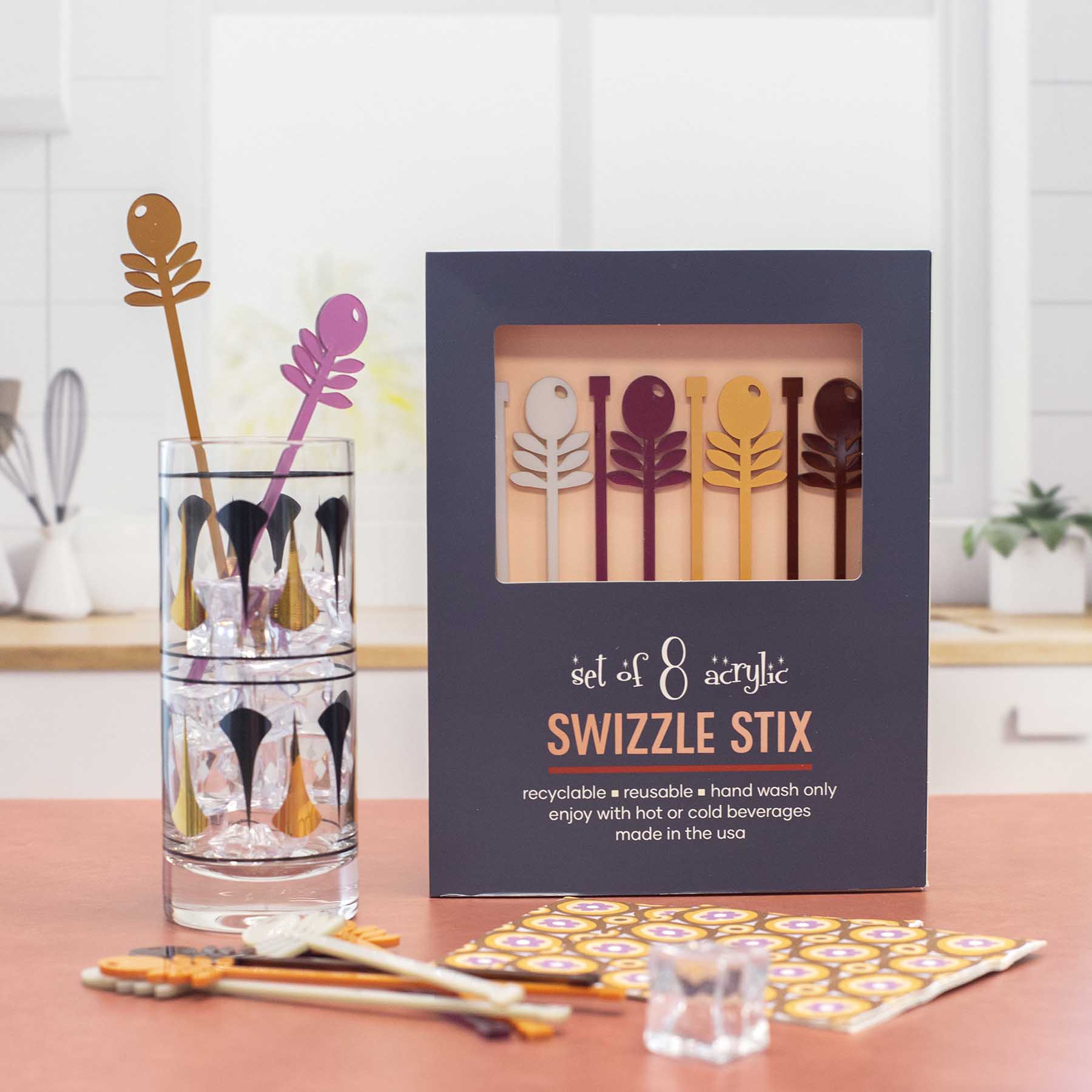 Purple Flowers Mid Century Modern Acrylic Beverage Mixing Swizzle Stix