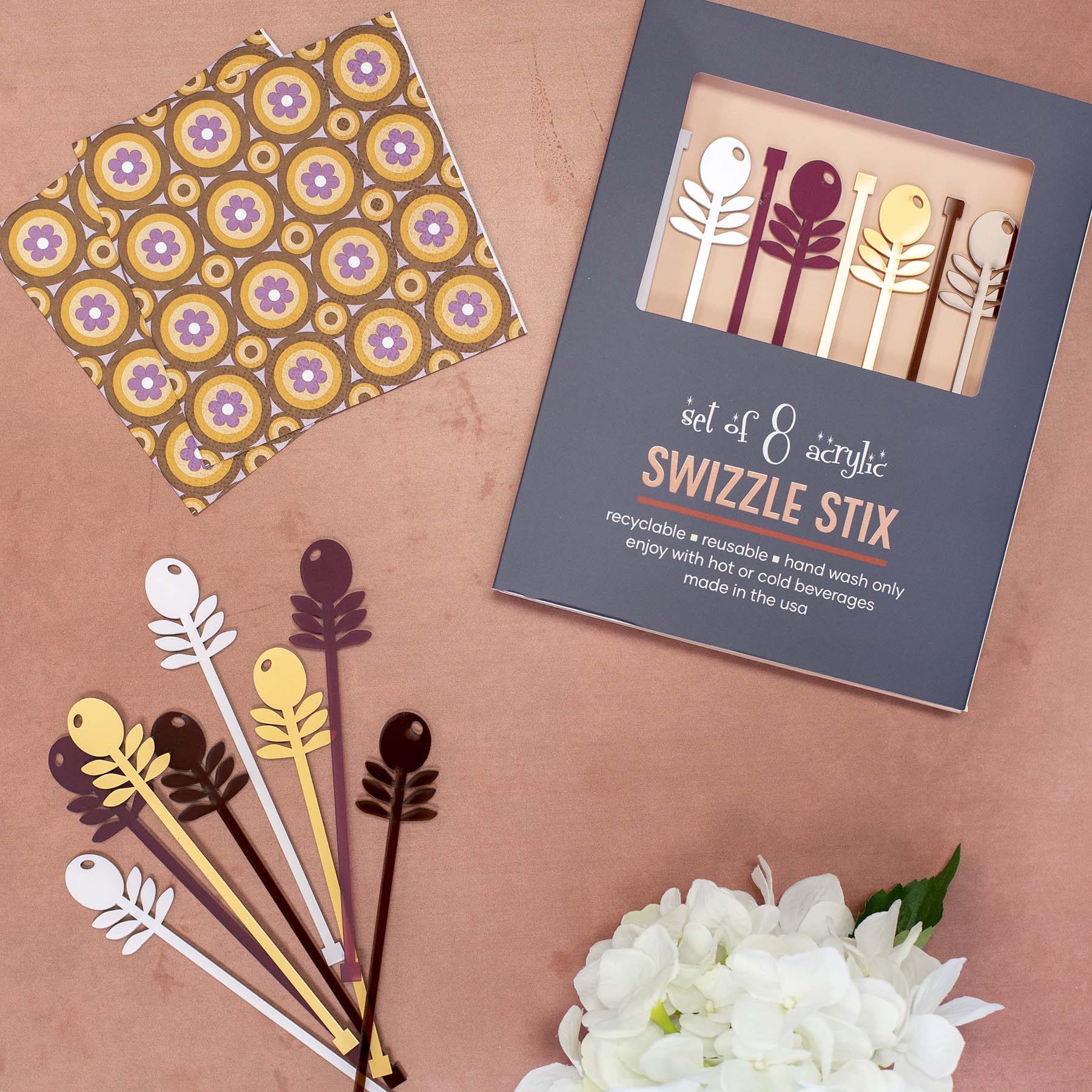 Purple Flowers Mid Century Modern Acrylic Beverage Mixing Swizzle Stix