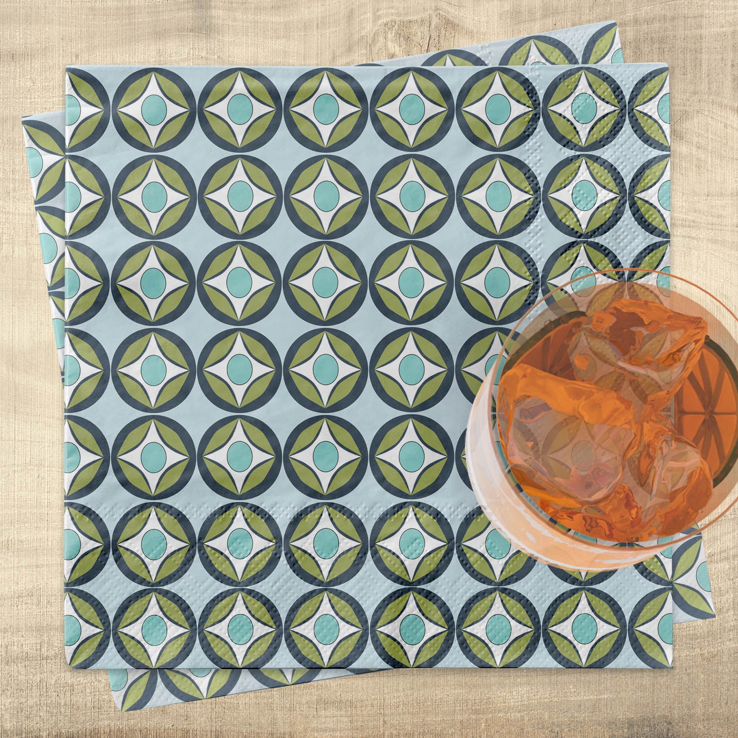 Blue Circle Mid Century Modern Cocktail Beverage Napkin