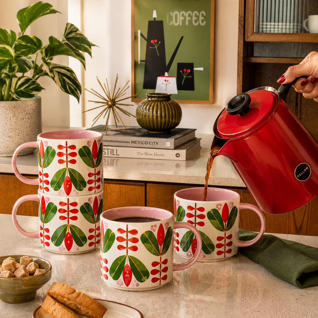 Red Lotus Flower Mid Century Modern Stackable Matte Coffee Tea Mug