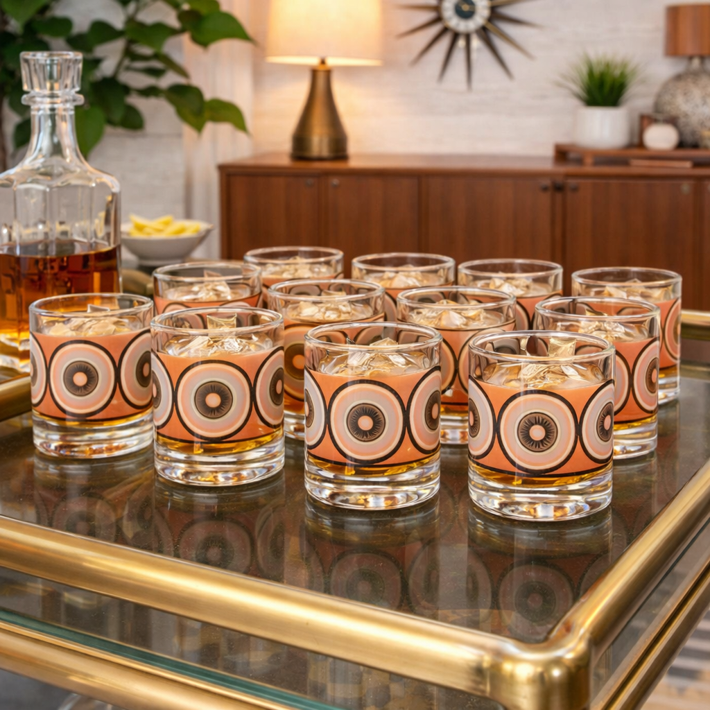 Pink and Gold Circles Mid Century Modern Vintage Cocktail Glasses