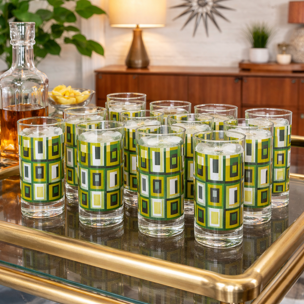 Green Square Mid Century Modern Vintage Cocktail Glasses