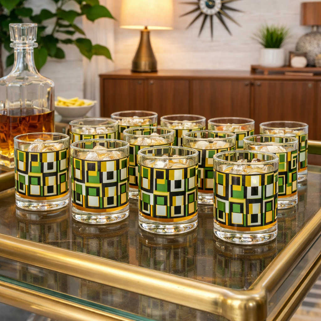 Green Square Mid Century Modern Vintage Cocktail Glasses