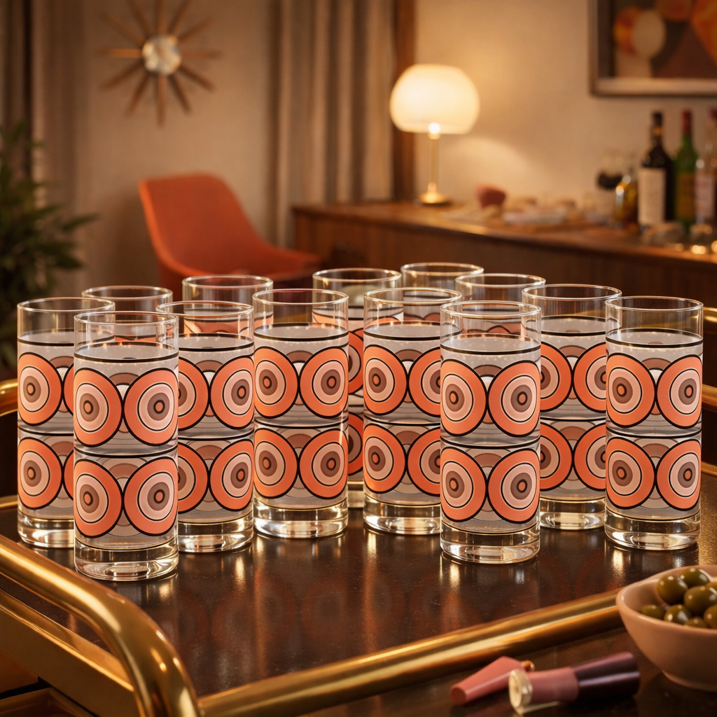 Pink and Gold Circles Mid Century Modern Vintage Cocktail Glasses