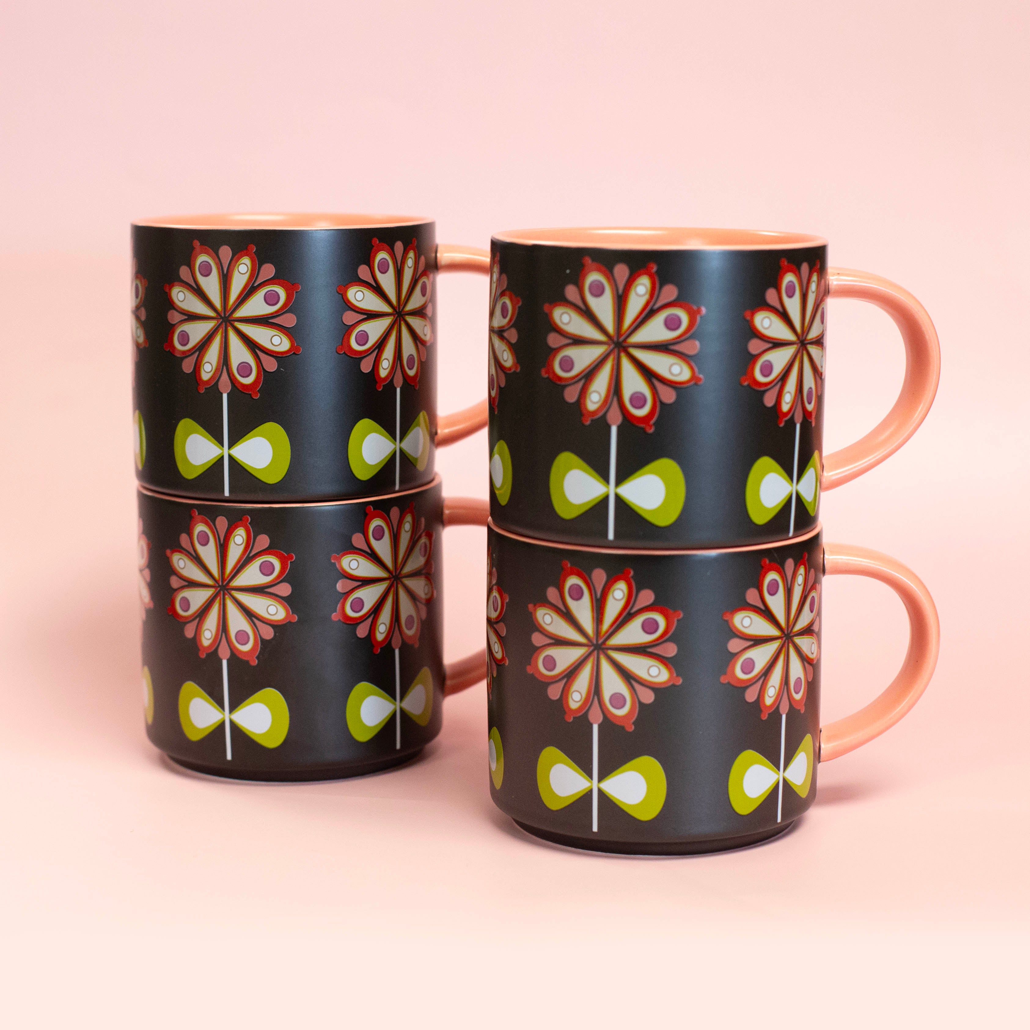 Casbah Bloom Pink Flower Mid Century Stackable Matte Coffee Mug