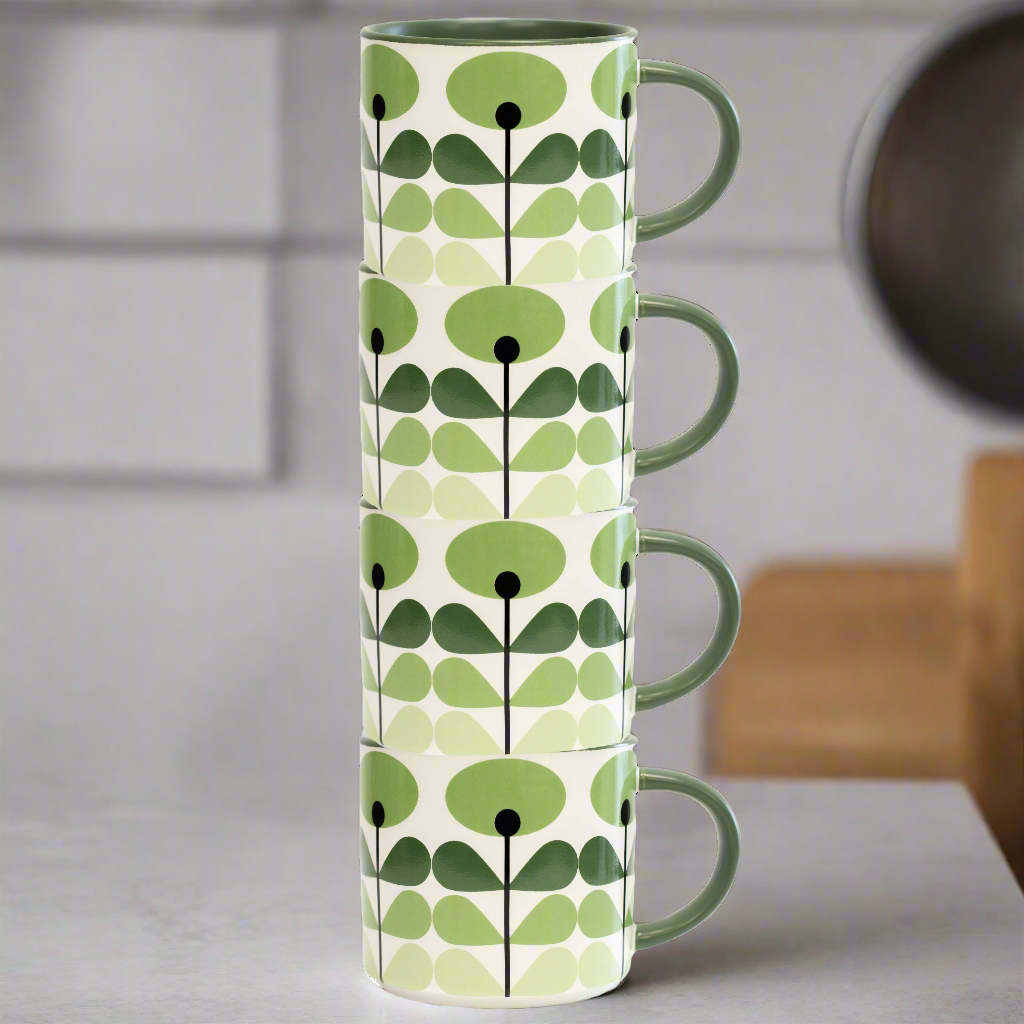 Green Flower Mid Century Modern Stackable Matte Coffee Tea Mug