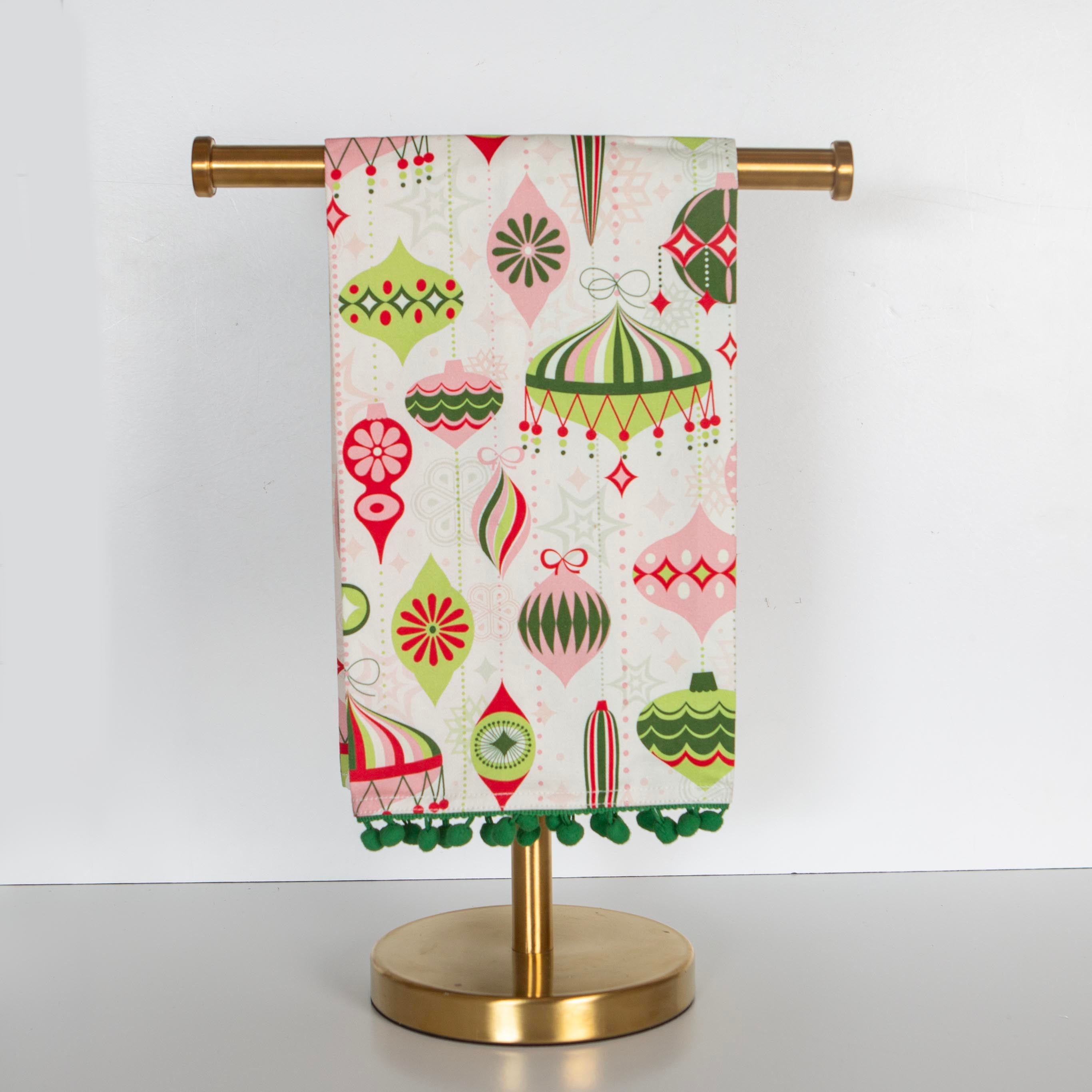 Holiday Mid century Modern Ornaments Tea Towel with Trim