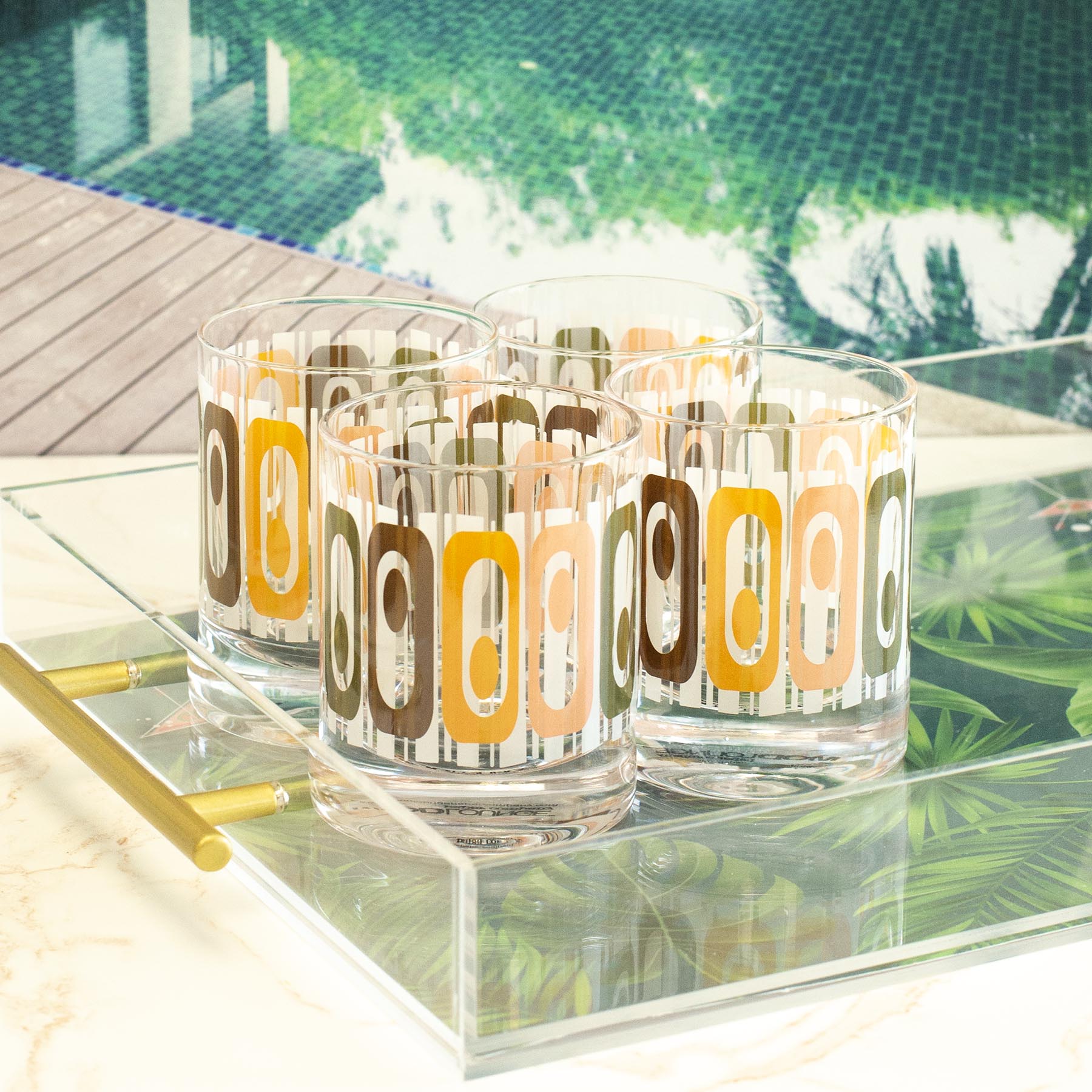 Cocktail Hour Set of 4 Oval Rows Tiki Vintage Whiskey Glasses