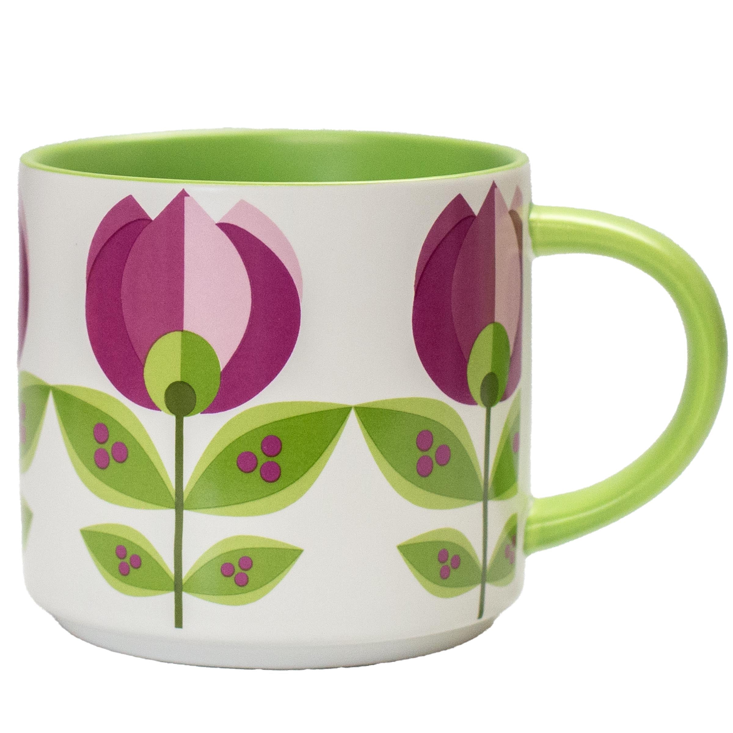 A white ceramic mug with a green interior and handle, decorated with a stylized floral pattern in shades of purple, pink, and green.