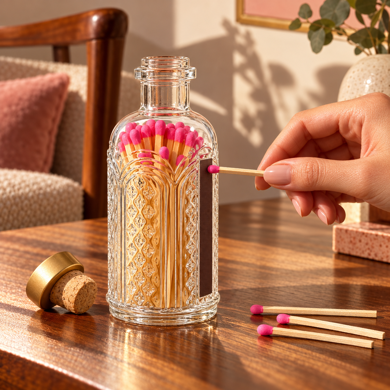 A clear glass decorative bottle filled with wooden matchsticks with pink tips, shown on a wooden table in a warm indoor setting. A hand is lighting a matchstick from the bottle, with a cork stopper and extra matches nearby.