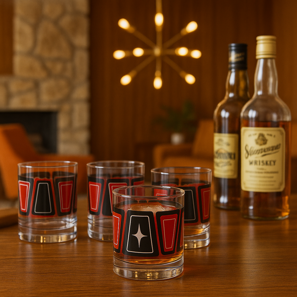 Red and Black Retro Blocks Whiskey Rocks Vintage Cocktail Glass