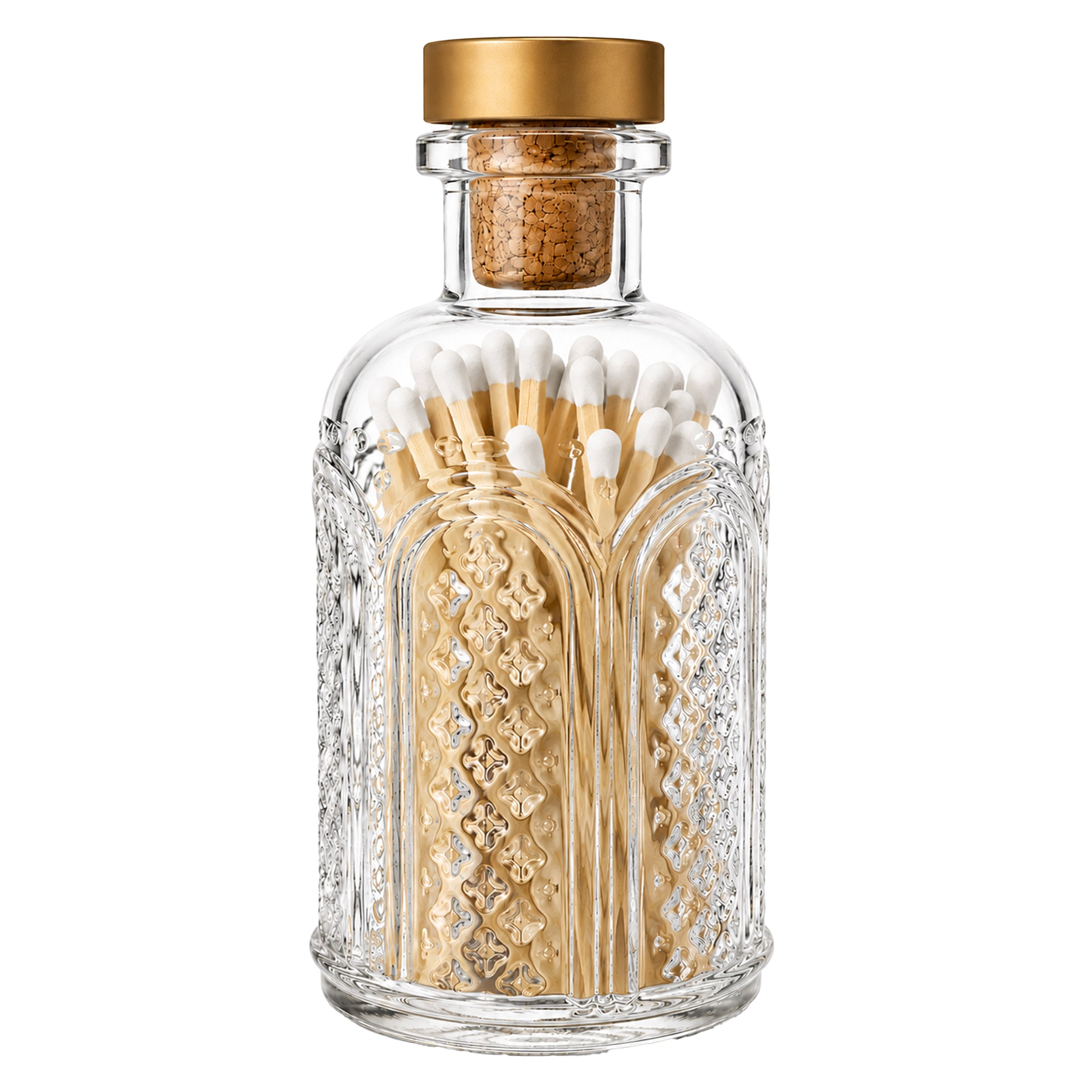 A clear glass bottle with a gold screw cap and cork insert, filled with wooden matchsticks with white tips, shown on a plain white background.