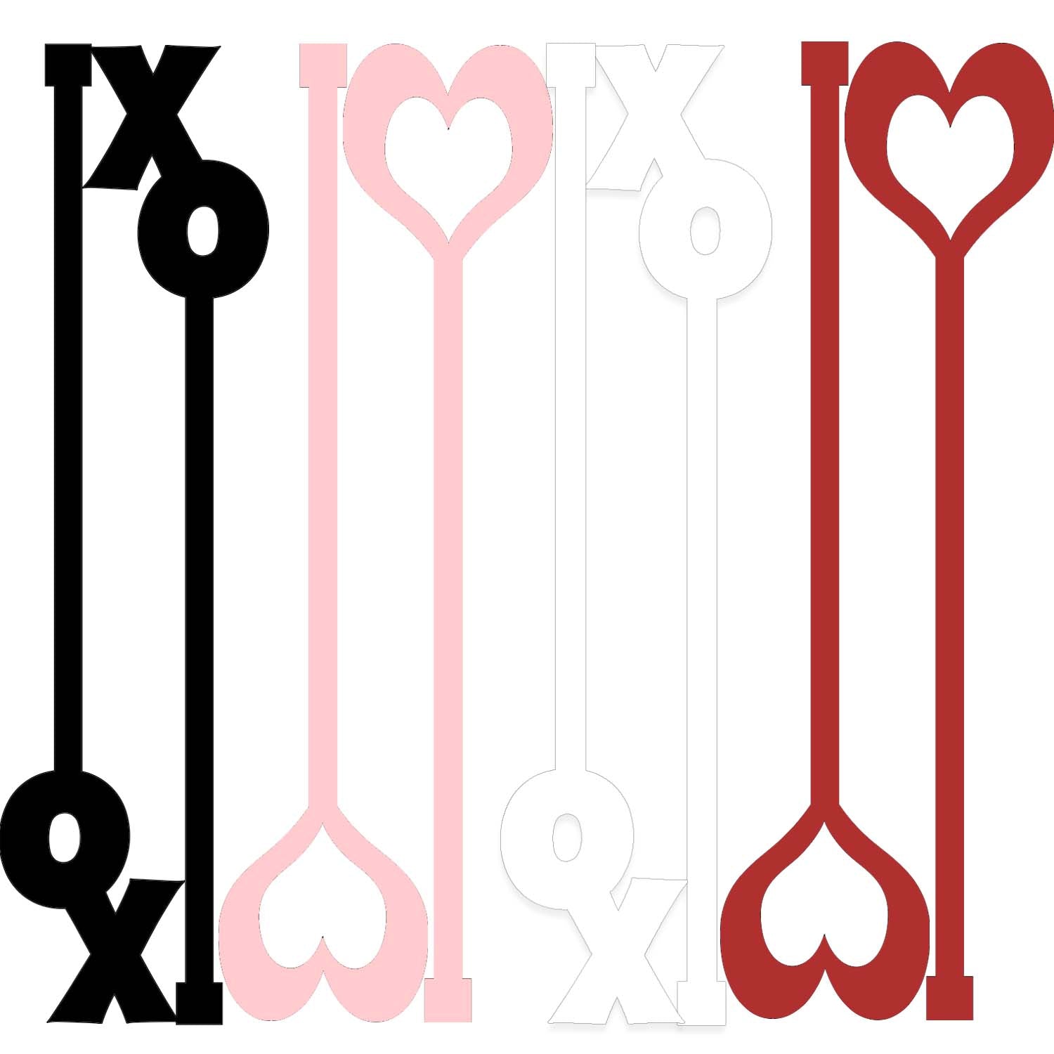 Set of heart-shaped 'XO' and '&O' designs in black, pink, white, and red on a white background.