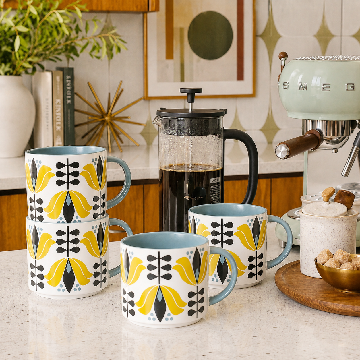 Yellow Lotus Flower Mid Century Modern Stackable Matte Coffee Mug