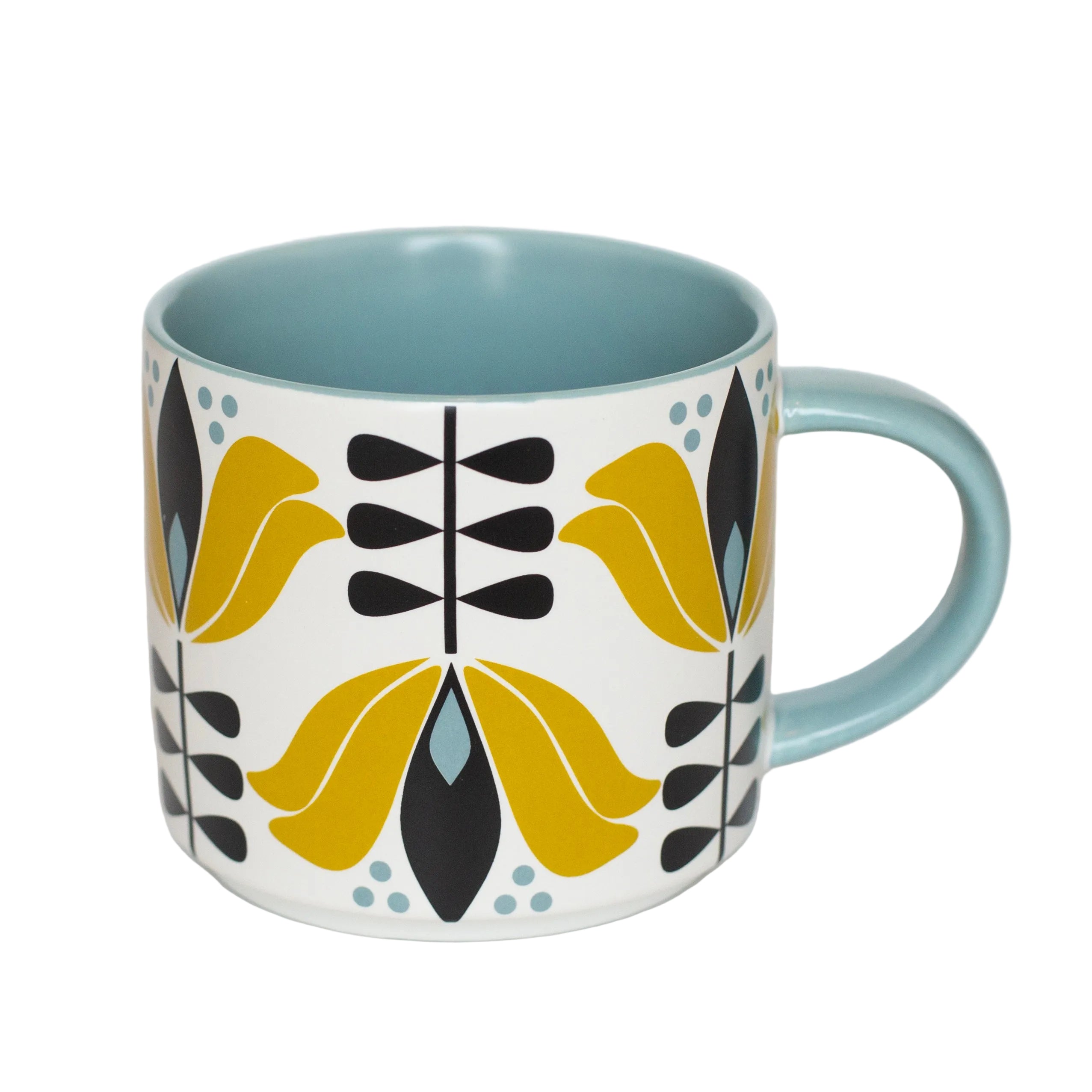 Mug with floral pattern and blue handle on a white background