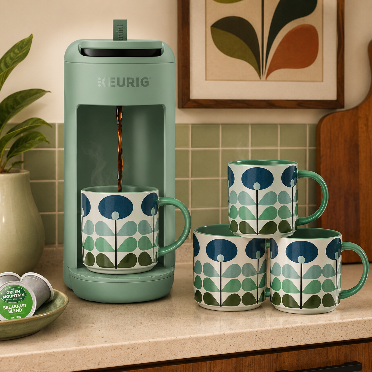 Blue Mid Century Modern Flower Stackable Matte Coffee Mug