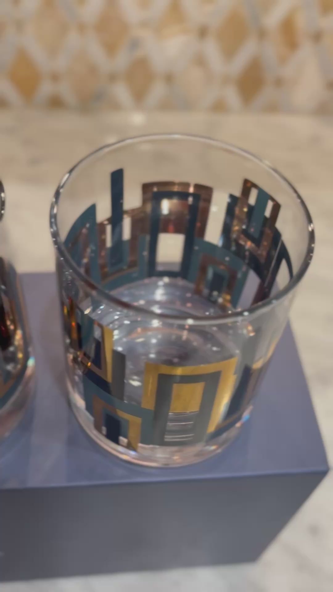 Cocktail Hour Set of 4 Blue and Gold Vintage Whiskey Glasses