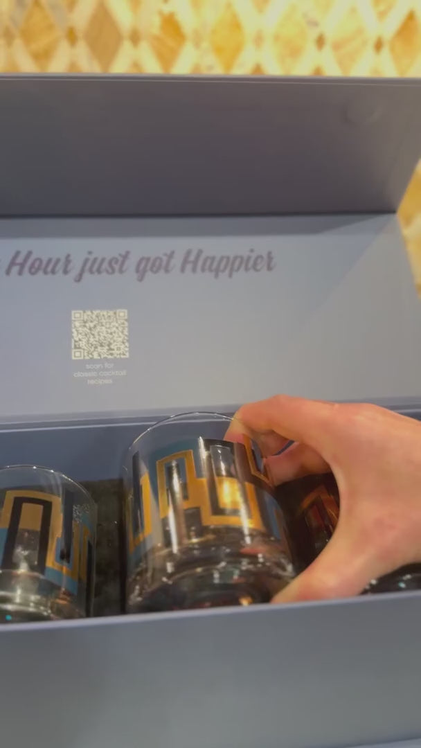 Cocktail Hour Set of 4 Blue and Gold Vintage Whiskey Glasses