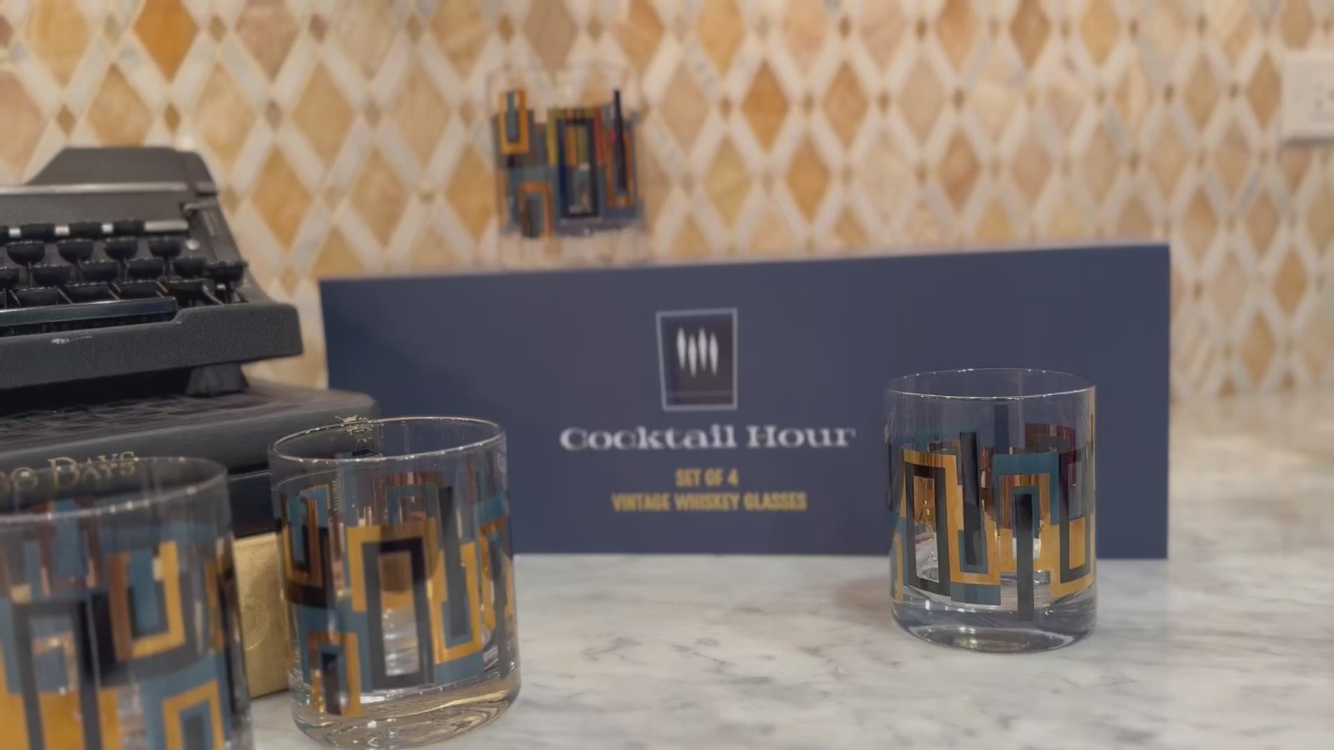 Cocktail Hour Set of 4 Blue and Gold Vintage Whiskey Glasses