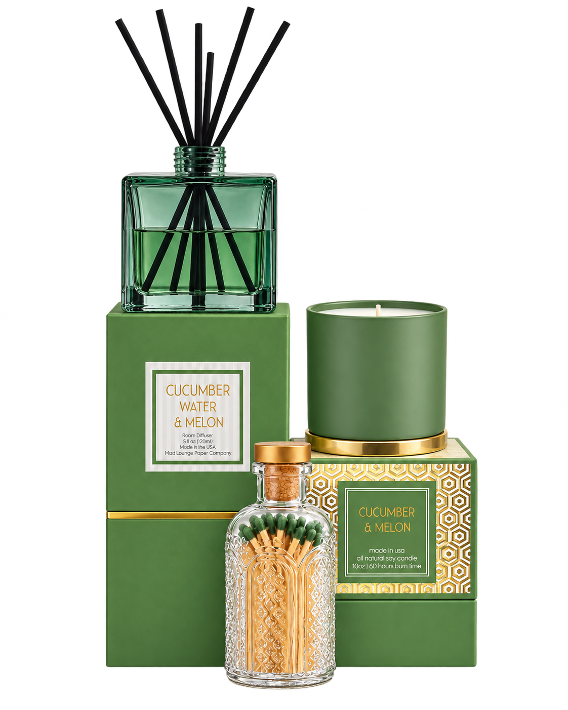A cucumber, water & melon scented home fragrance set featuring a green reed diffuser bottle with black reeds, a green candle, a small glass bottle of matches, and matching green boxes on a white background.
