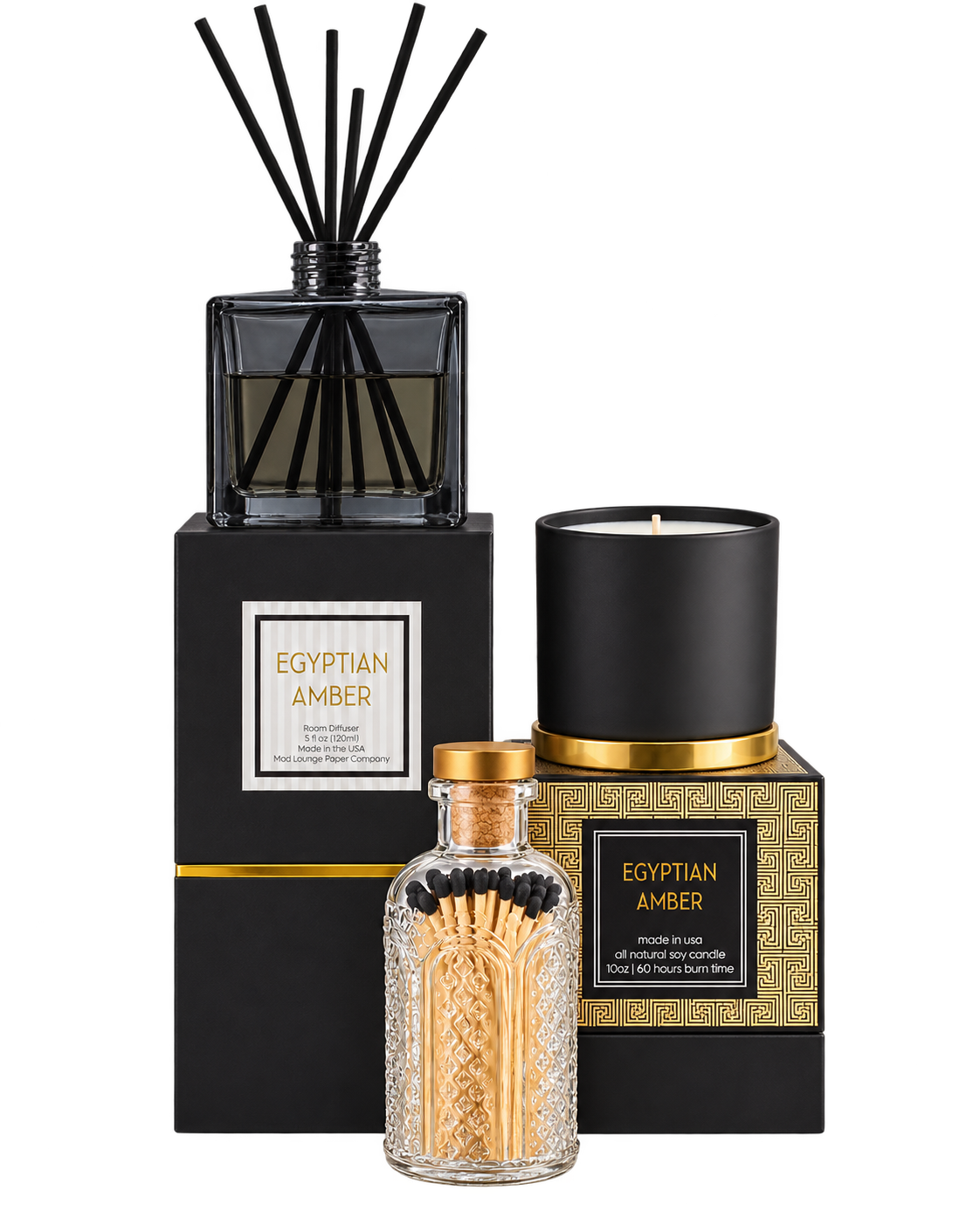 Mod Lounge Egyptian Amber wholesale home fragrance collection featuring black boxed reed diffusers, soy candles and vintage-inspired decorative match jars.