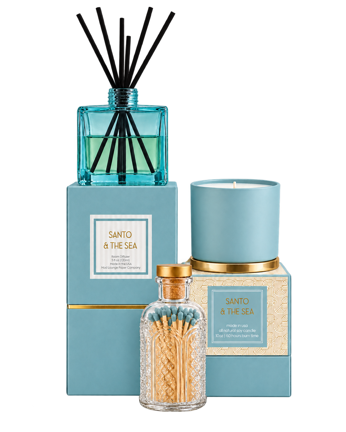 Mod Lounge Palo Santo & the Sea wholesale fragrance collection featuring light aqua blue boxed reed diffusers, soy candles and vintage-inspired match jars.