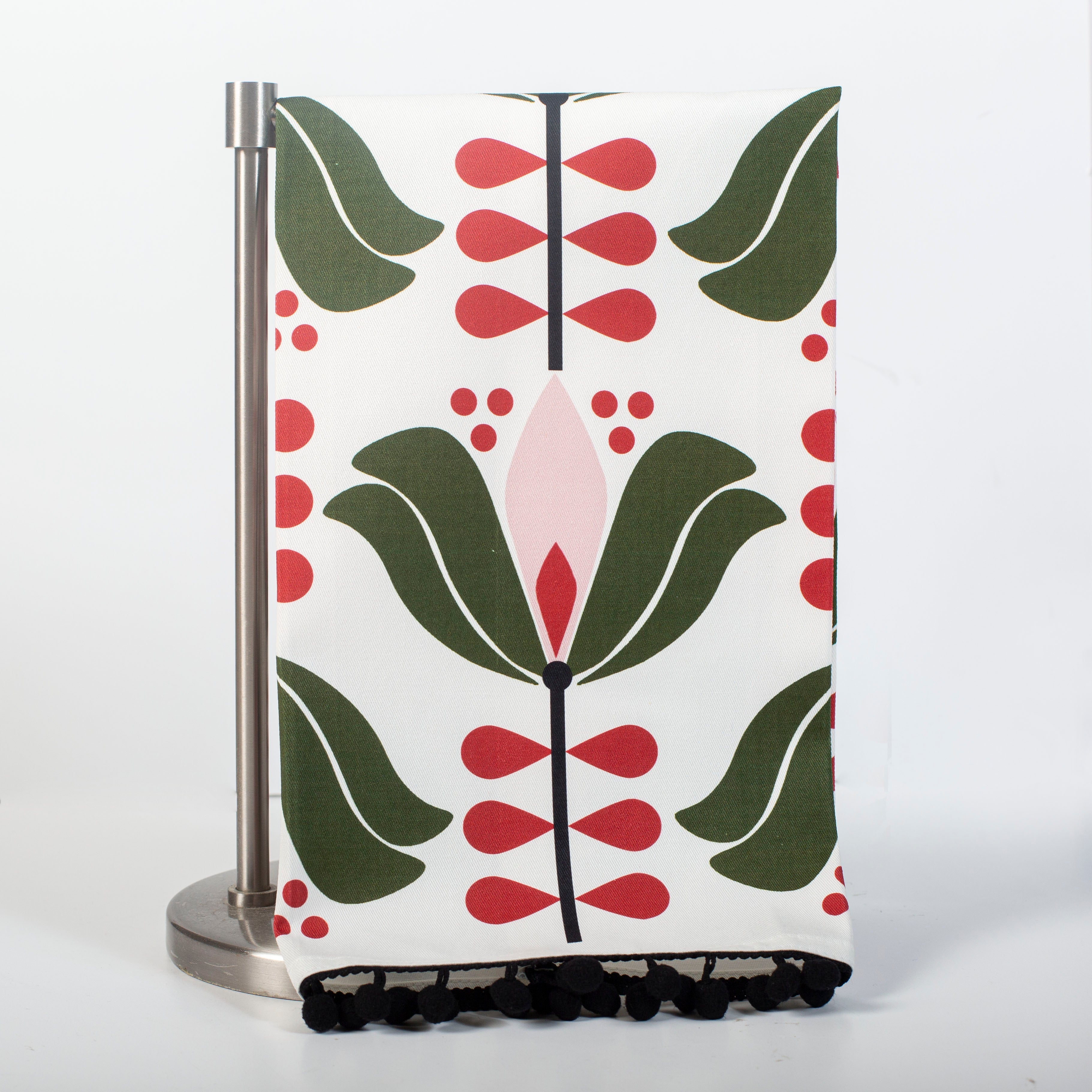 mid century modern lotus flower kitchen or bar tea towel with fringe trim  housewarming gift