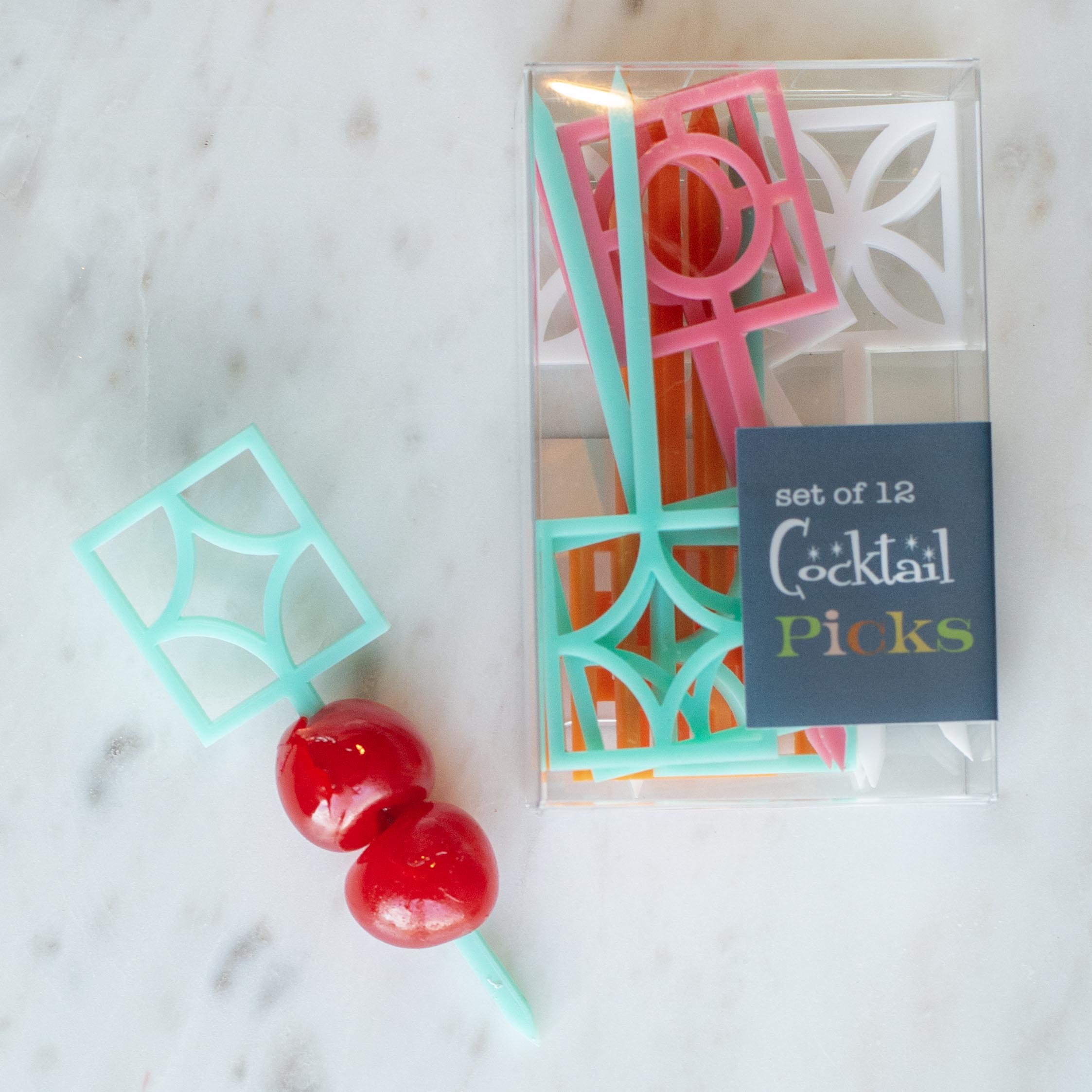 wholesale palm springs inspired breeze block set of 12 acrylic cocktail picks - boxed and ready for gift giving for housewarming or host and hostess gifts