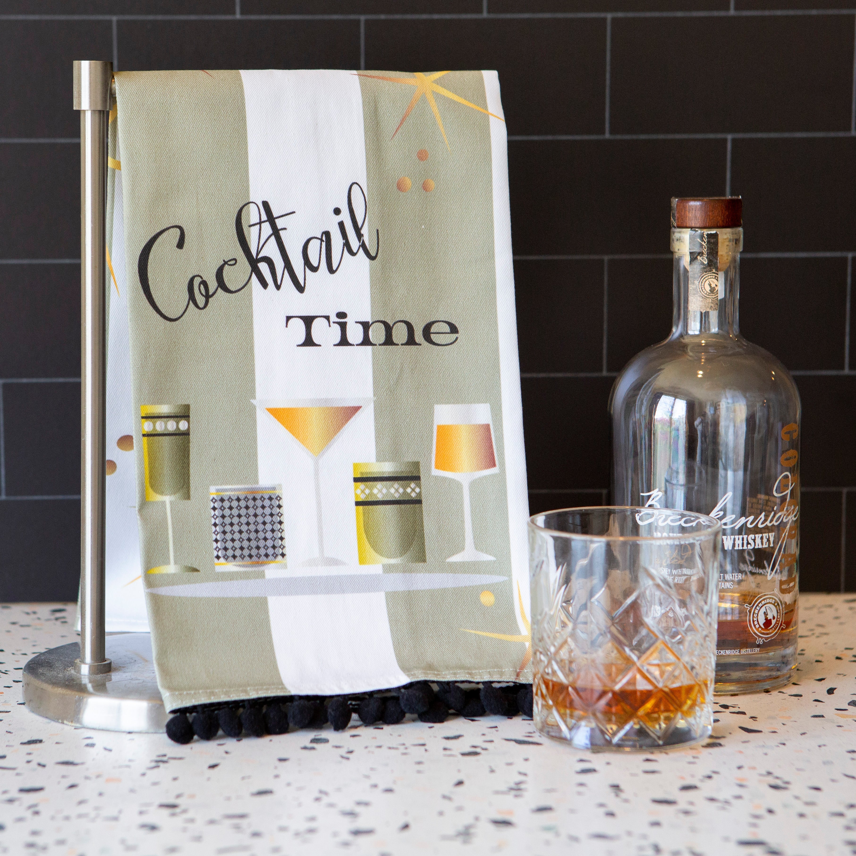 vintage cocktail time bar tea towel with chenille trim