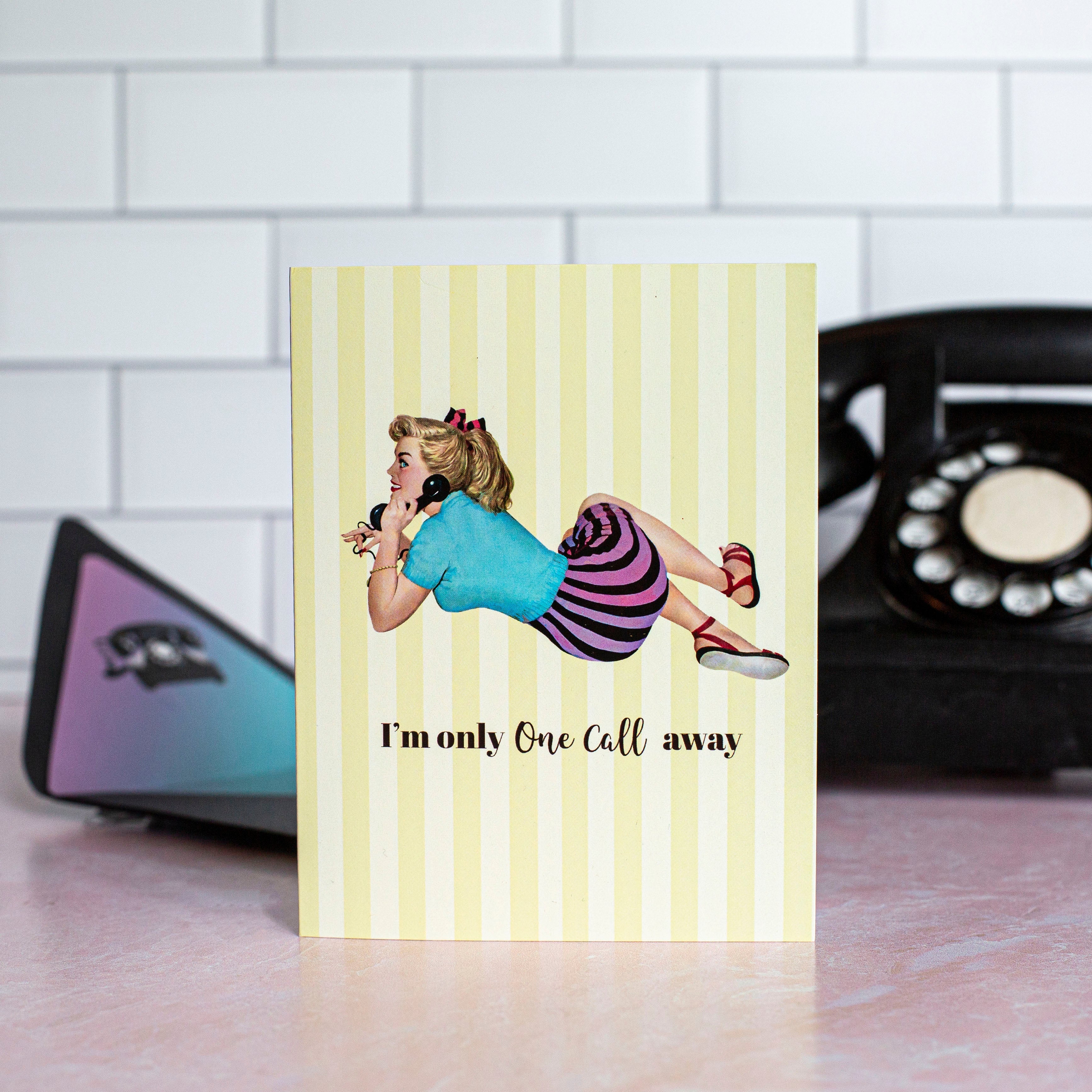 Im only one call away think of you vintage pinup greeting card