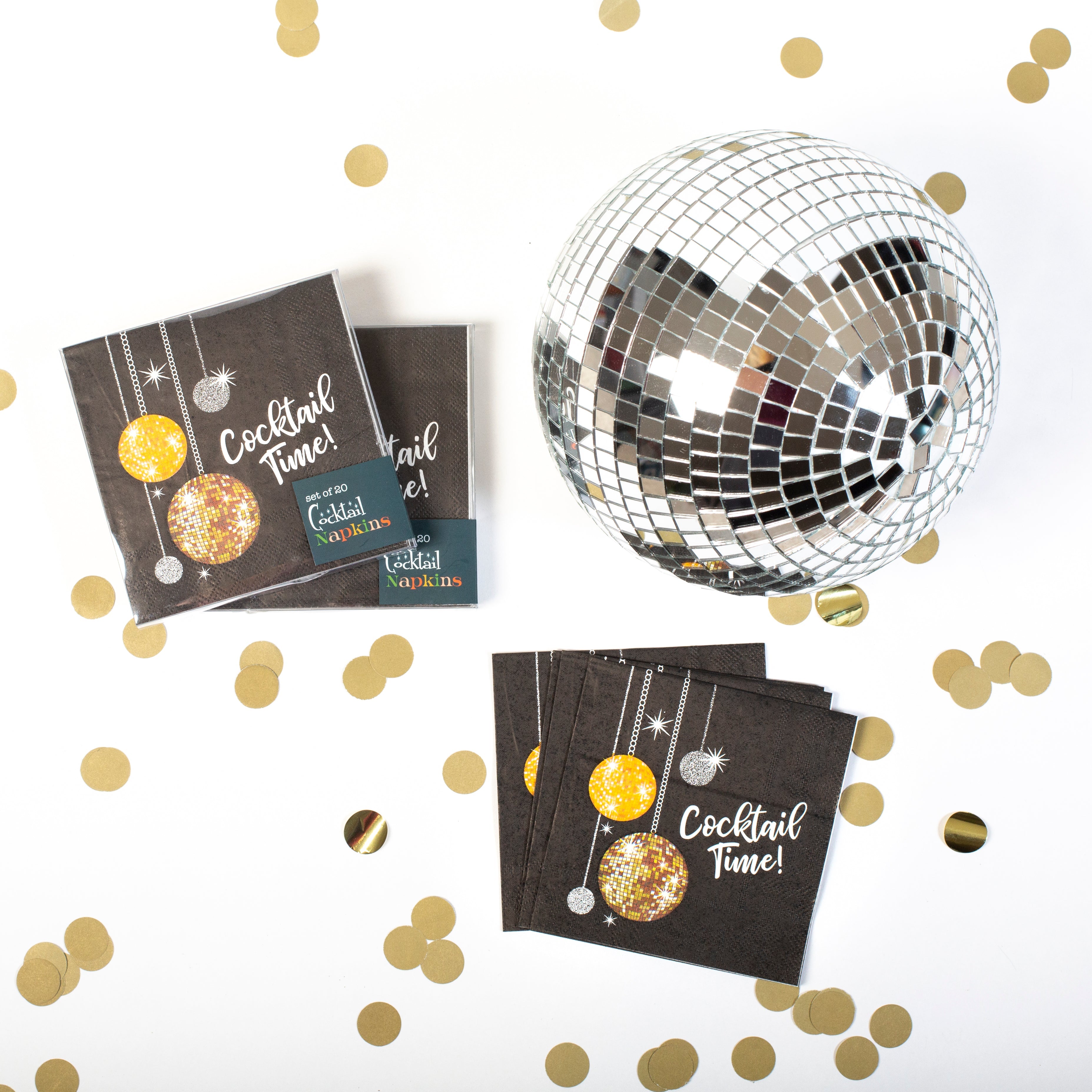 black and gold disco ball cocktail beverage napkins