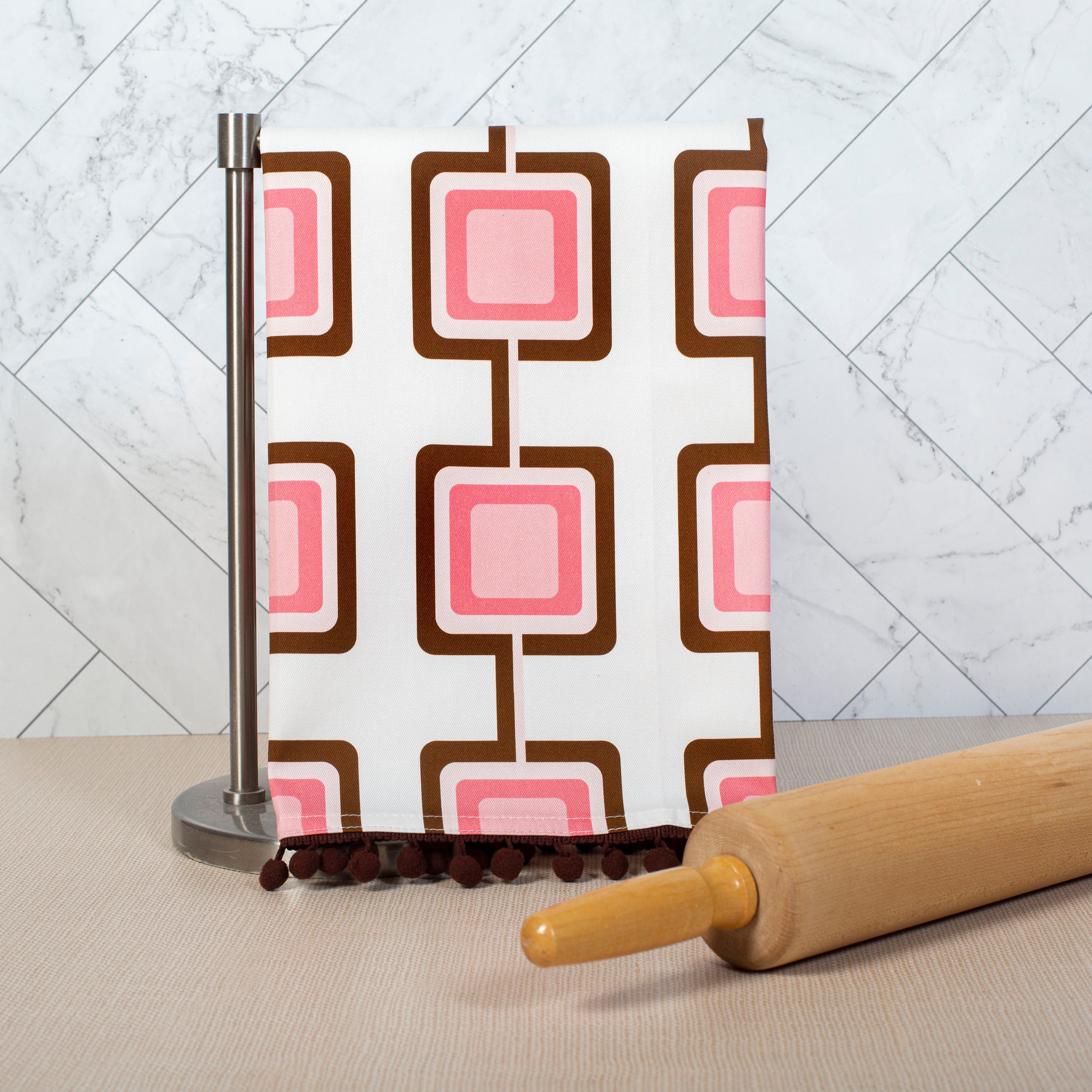 retro squares pink kitchen cotton tea towel with trim