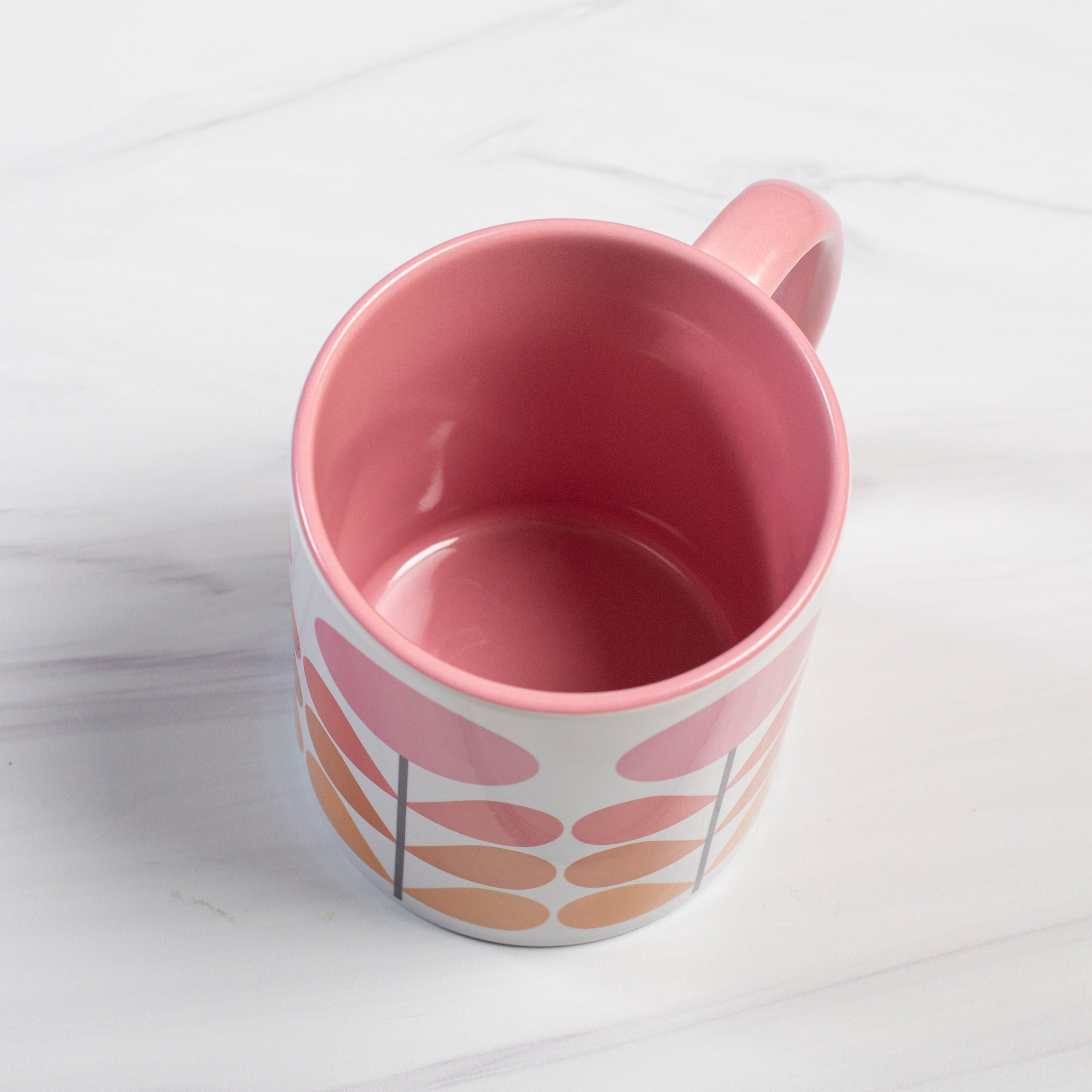 mid century modern pink flower 11 oz ceramic coffee mug with pink handle and inside