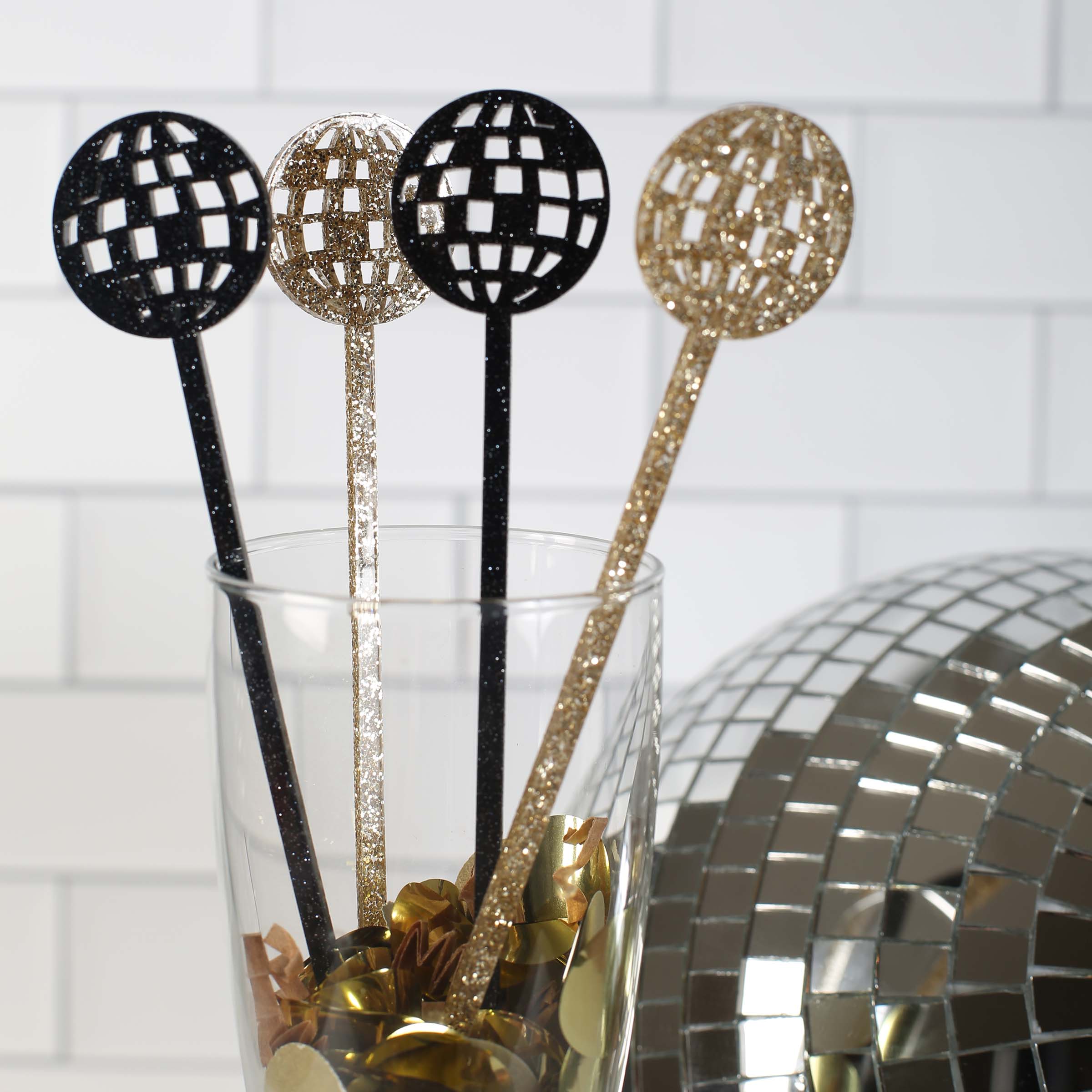 Disco Ball Gold and Black Acrylic Beverage Mixing Swizzle Stix