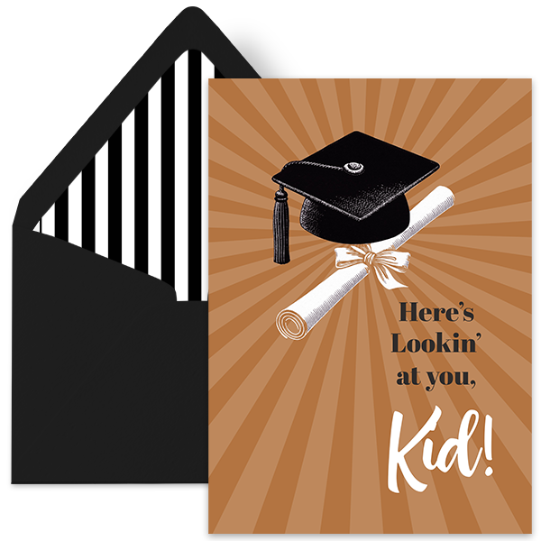heres lookin at you kid vintage inspired graduation orange starburst greeting card with black and white striped euro flap envelope liner
