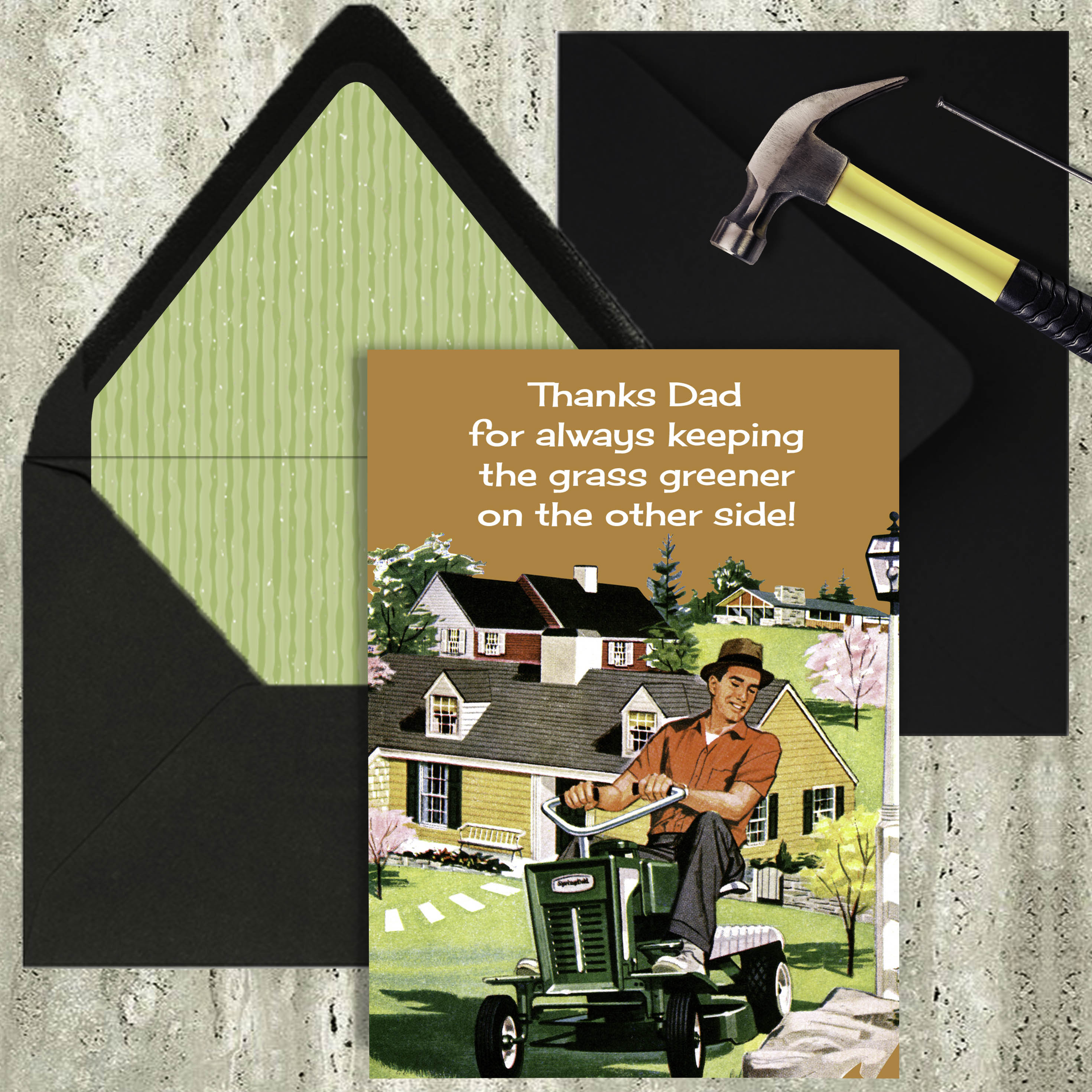 Grass Greener on the Other Side Lawnmower Card for outdoor Dad