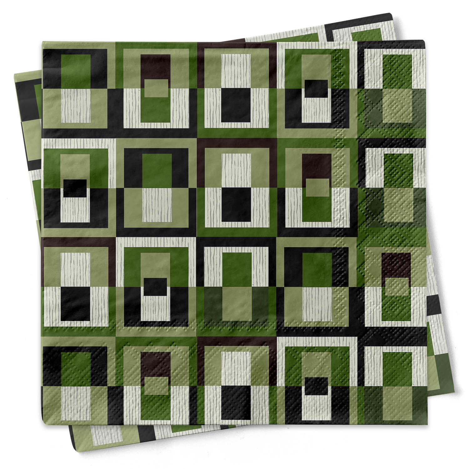 These Green Square in Rectangle designed Cocktail Beverage Napkins are an ideal way to finish your bar decor. These recyclable 3-ply napkins feature a stylish mid century modern pattern. The deep jewel color way makes them perfect for dinner parties, cocktail hours, host and hostess gifts and holiday gatherings.